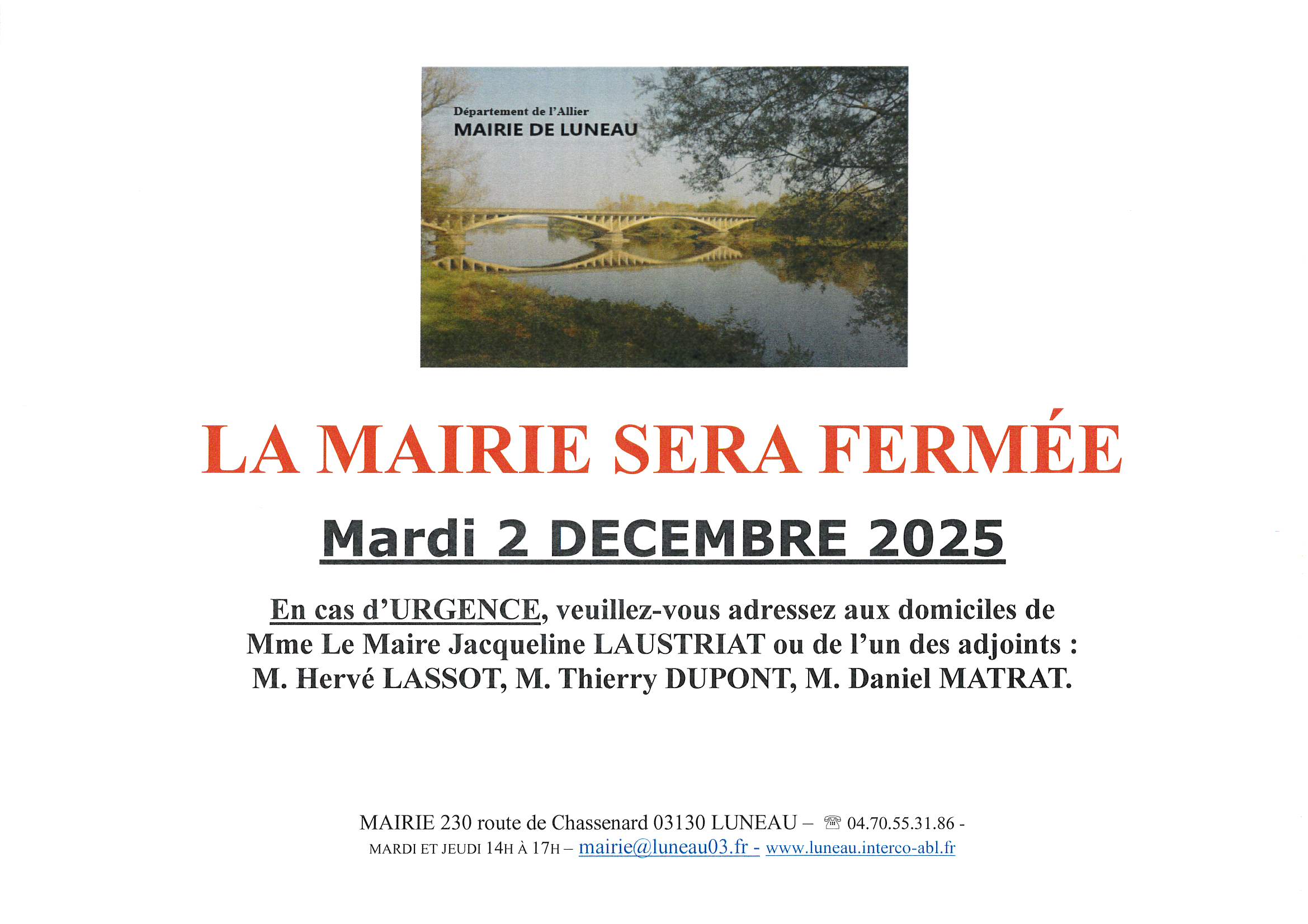 LA MAIRIE SERA FERMEE MARDI 2 DECEMBRE 2025